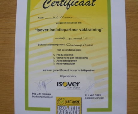 Certificaat Renovatiekracht van Isover